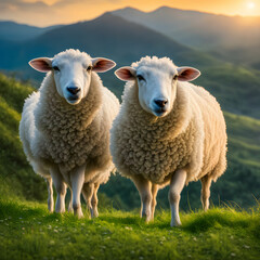 Fototapeta premium Sheeps Grazing Peacefully on a Verdant Hillside, Against a Backdrop of Rolling Meadows and a Serene Sky