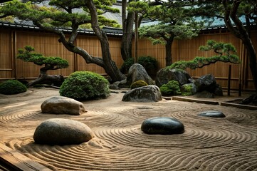A serene Japanese Zen garden featuring meticulously raked sand creating ripple patterns surrounding smooth, rounded stones. Bonsai trees and tranquil backdrop. 
