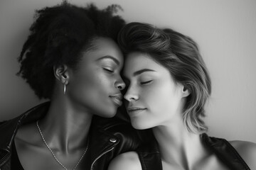 Fototapeta premium Close-up portrait of diverse lesbian couple, their foreheads touching, captured in black and white