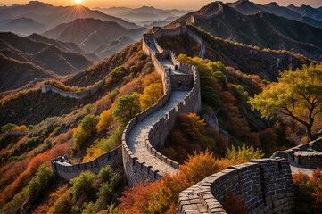 the great wall of china is surrounded by mountains and trees in autumn. Use for wallpaper