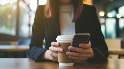 businesswoman using mobile phone in office with coffee on table