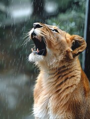 Fototapeta premium A lioness roars in the rain, with a dramatic backdrop of falling water