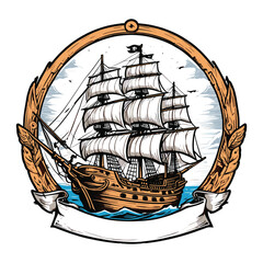 Hand Drawing Pirate Ship Badge Ribbon Vintage Style Illustration © ImageryPlanet