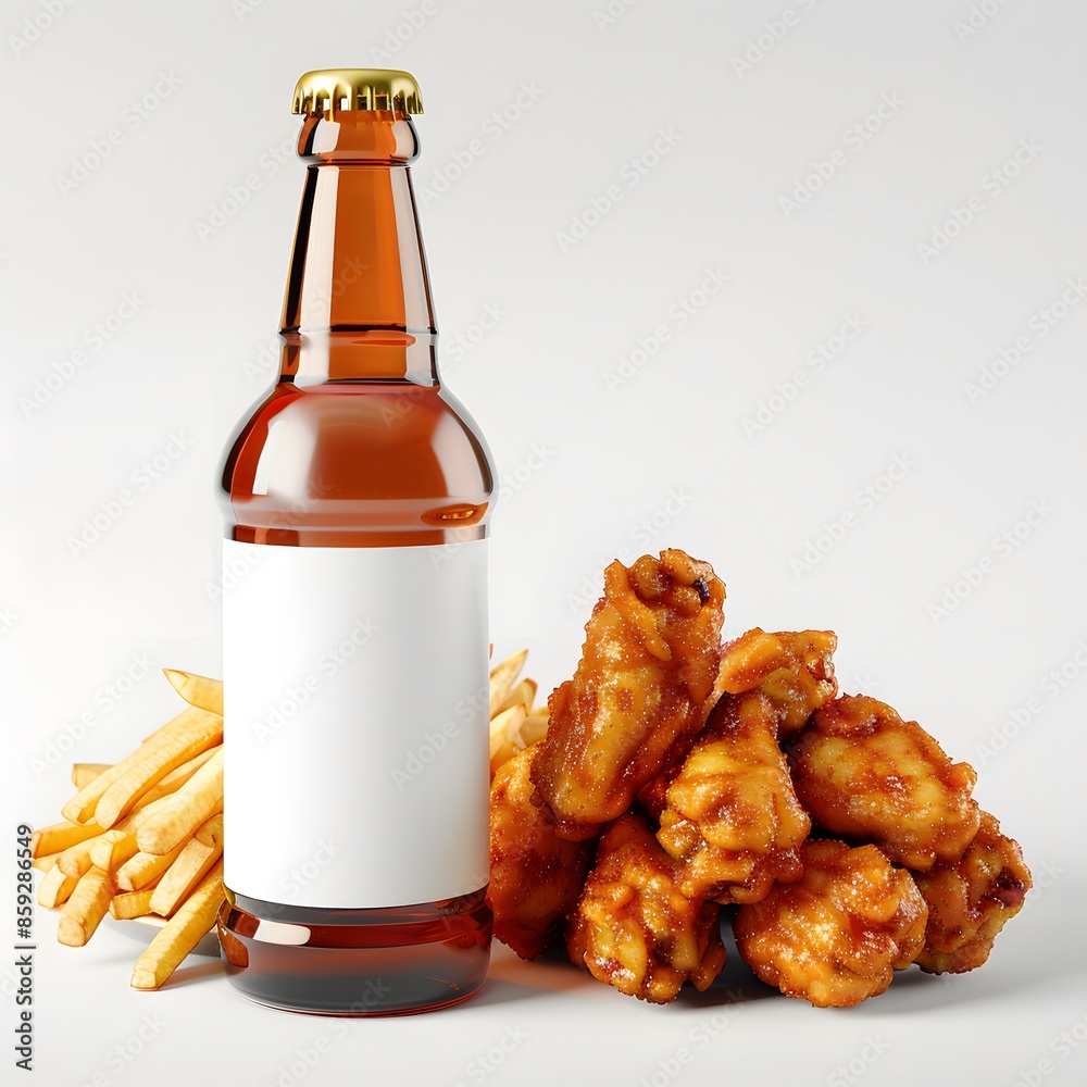 Wall mural Beer bottle with white blank label - mockup, fried bacon and french fries isolated on white background. Advertising poster.