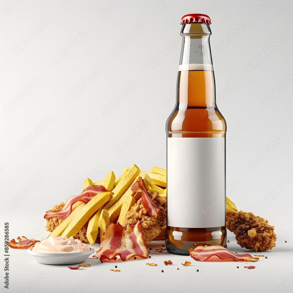 Wall mural Beer bottle with white blank label - mockup, fried bacon and french fries isolated on white background. Advertising poster.