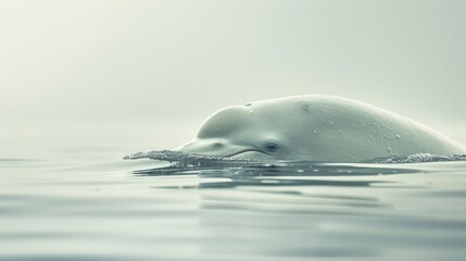 Serene image of a white beluga whale surfacing in calm, foggy waters, showcasing its smooth, curved body and captured in soft, muted tones.