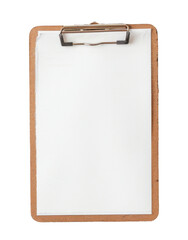 A blank clipboard with a white sheet of paper. The clipboard is wooden with a metal clip. isolated on a white background.