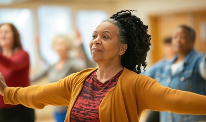 photo of an elderly black woman leading her group in stretching