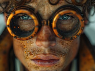 A person wearing steampunk goggles looks intensely into the camera