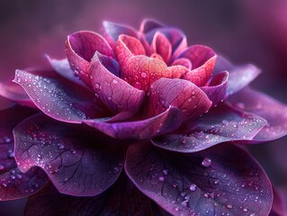 A close-up of a purple flower with dew drops on its petals