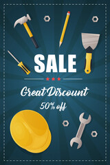 Banner, discount poster, sale, happy labor day, advertising blue background and construction tools.
