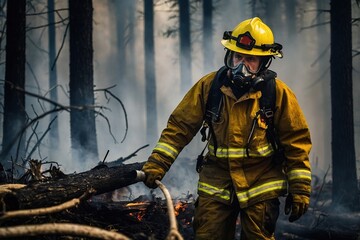 Naklejka premium Professional Firefighters Extinguishing Large, High-Priority Part of the Forest Fire