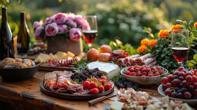 A luxurious outdoor setting featuring an assortment of gourmet foods, including charcuterie, fruits, and wine, amid a lush garden with elegant table decor.