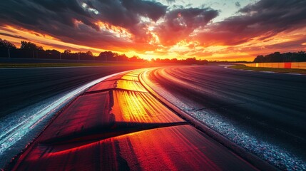 Obraz premium A breathtaking curve in a race track at sunset with dramatic clouds overhead, showcasing the contrast between the fiery sky and the slick, dark track.