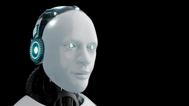 Portrait futuristic humanoid robot on a black background, turns on and looking around.Realistic 4K 3D animation.
