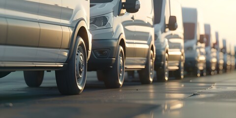Row of commercial delivery vans from a transporting service company. Concept Commercial delivery vans, Transporting service company, Fleet of vehicles, Company branding, Business logistics