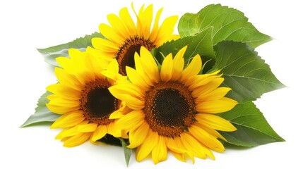 Fototapeta premium Sunflowers with green leaves, isolated on a white background, capturing their vivid colors.