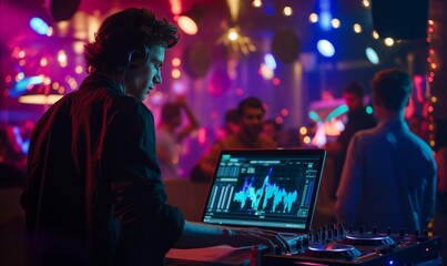 young male DJ mixing music on laptop at nightclub party with dancing crowd and colorful lights
