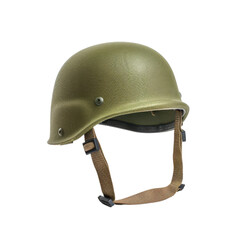 Fototapeta premium A green military helmet with a chin strap. The helmet is isolated on a white background