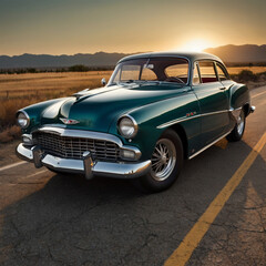 Classic car, vintage style, shiny paint, open road, 2k resolution --ar 3:2, Generative AI, A classic car with vintage style and shiny paint.