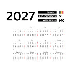 Calendar 2027 German language with Belgium public holidays. Week starts from Monday. Graphic design vector illustration.