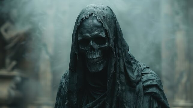 A skeletal figure shrouded in a ragged cloak stands with an obscured background, evoking a sense of foreboding and timeless dread, blending seamlessly into the misty ambiance.