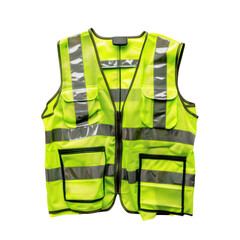 A bright yellow safety vest with reflective stripes and multiple pockets. isolated on a white background