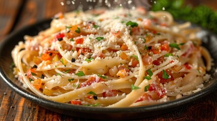 A plate of fettuccine pasta with parmesan cheese and herbs