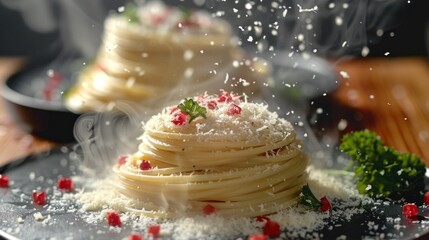 Fototapeta premium Steaming pasta topped with parmesan cheese and pomegranate seeds