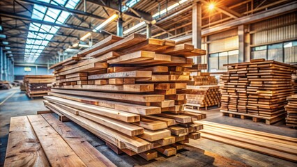 Fototapeta premium Rustic wooden planks stacked precariously on top of each other in a busy industrial workshop