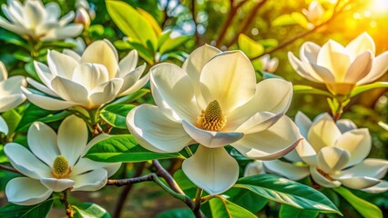 Obraz premium Large, showy, creamy white magnolia blooms unfurl against a vibrant green leafy background, exuding elegance and serenity in a tranquil atmosphere.