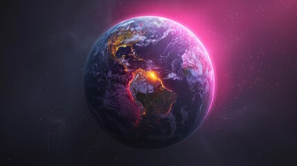 Fototapeta premium Earth glows with city lights and a vibrant pink halo