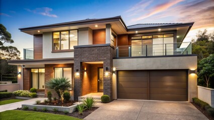 Fototapeta premium Contemporary suburban residence boasting bold, refined facade with warm earthy tones and meticulous attention to exterior architectural detail.