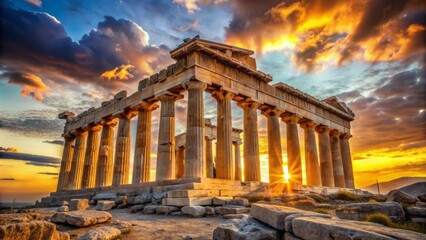 Obraz premium Ancient greek architecture bathed in warm golden light, majestic marble columns of acropolis stand against a vibrant sunset backdrop.