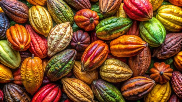 Vibrant fresh cacao pods in varying sizes and colors, showcasing criollo, forastero, trinitario, and cocoa beans in stunning natural detail.