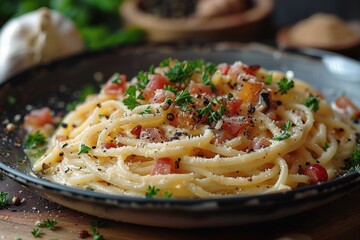 Tasty carbonara spaghetti, made with pasta, creamy sauce, eggs, cheese, pancetta, parsley, and Parmesan