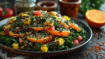 Colorful kale salad with tomatoes, sesame seeds, and citrus