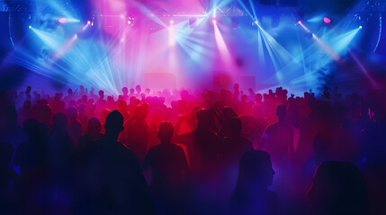 nightclub club concert party young people crowd dancing celebration celebrate colorful lighting blue red beams spotlights silhouettes, lively energetic excitement excited freedom atmosphere enjoyment