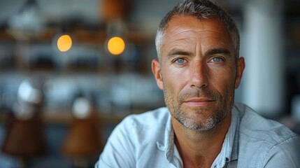 Fototapeta premium A man with graying hair looks thoughtfully at the camera