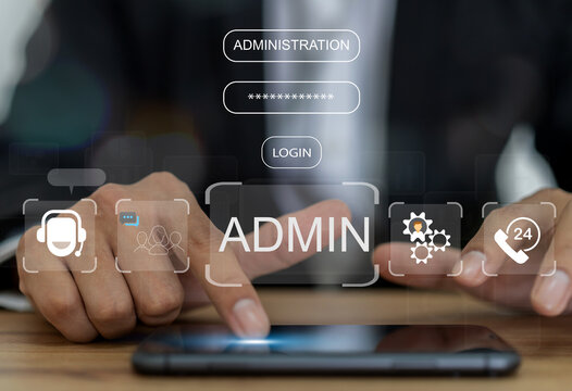 Businessman with Technology digital interface with the word ADMIN, administration, communication, customer support and data management, marketing, IT management, office tasks and support services