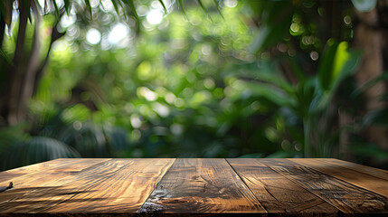 wooden table with blur green nature background for display product
