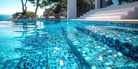 Swimming Pool Steps with a Blue Mosaic Tile