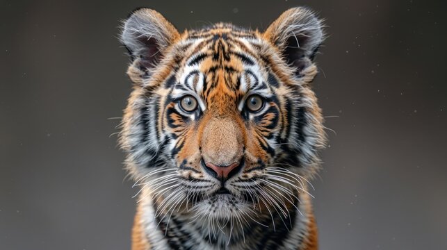 Close-up portrait of a young tiger cub with piercing blue eyes