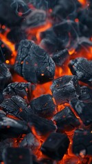 Burning charcoal embers with glowing red and orange sparks, extreme close-up. Heat and energy concept