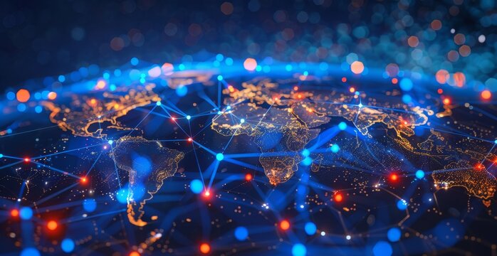 Global network concept, with visualization lines representing connections, glowing, earth