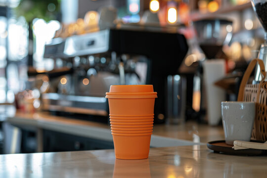 Orange reusable coffee cup is sitting on a cafe counter with a blurred coffee machine in the background
