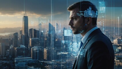 Fototapeta premium The double exposure image of the businessman thinking overlay with cityscape image and futuristic hologram. The concept of modern life, business, city life and internet of things 