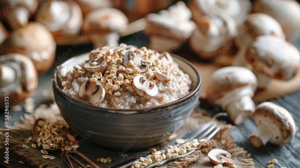 Sticker Selective focus toned image of buckwheat cereal with mushrooms