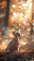 Sphynx cat in a sunlit autumn forest, tranquil outdoor scene. Pet and nature photography concept