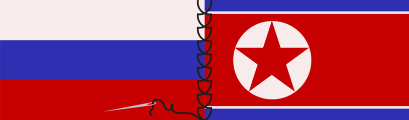 The flag of the DPRK and Russia sewn with thread. Friendship between North Korea and Russia concept. Vector illustration. Editable stroke. EPS 10